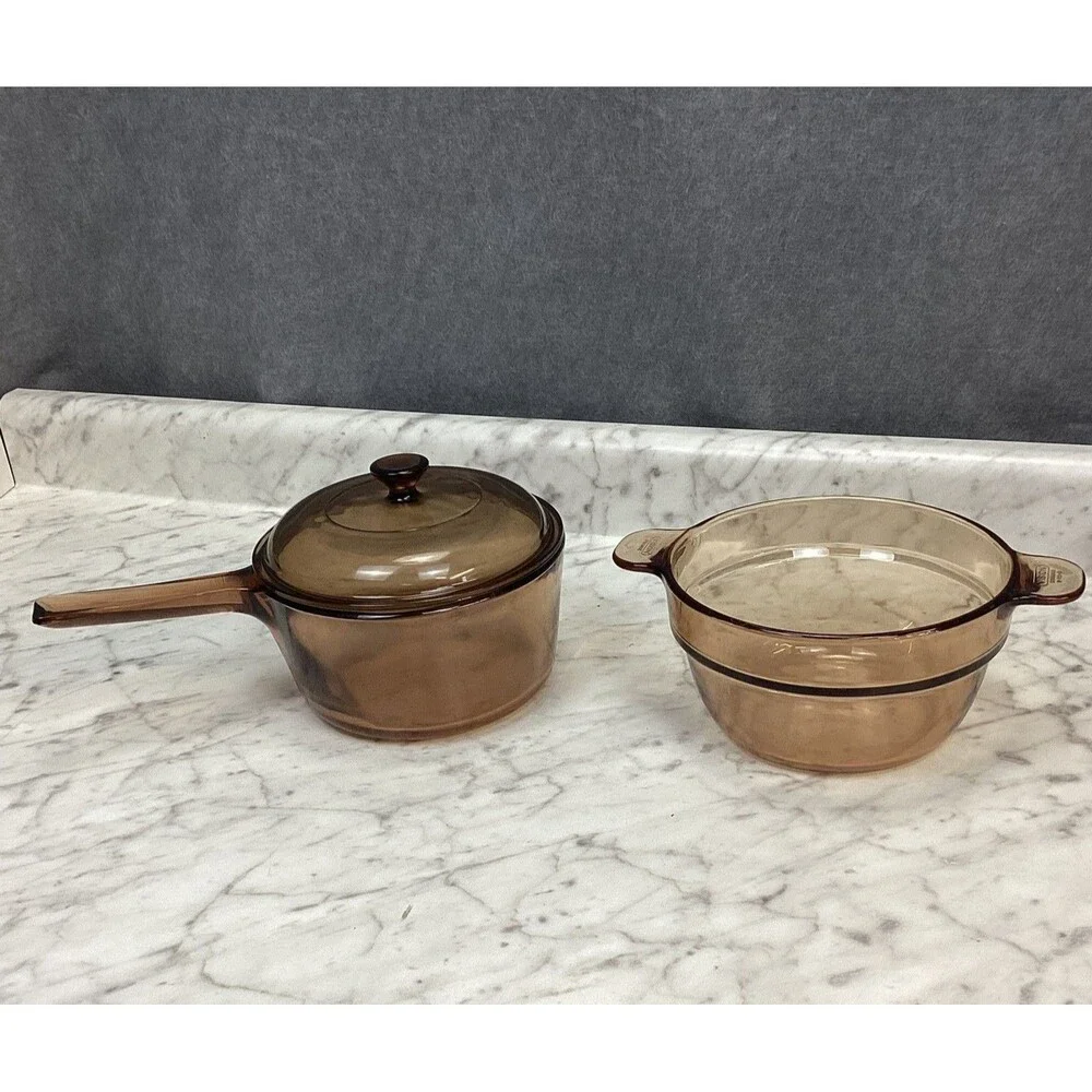 Vintage Corning Vision Amber Glass Cookware Set 1.5L Saucepan w/ Lid & Casserole